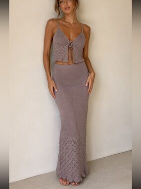 NWT Olive Oak Tan Crochet 2-Piece Set Knit Crop Tie-Front Tank &‎ Maxi Skirt (L)